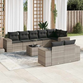 Set muebles jardín 9 pzas y cojines ratán sintético gris claro