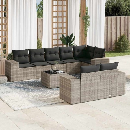 Set muebles jardín 9 pzas y cojines ratán sintético gris claro