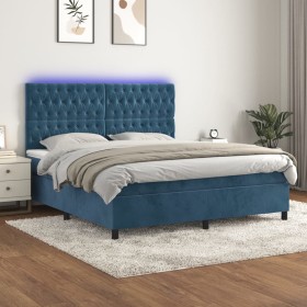 Cama box spring colchón y LED terciopelo azul oscuro 180x200 cm