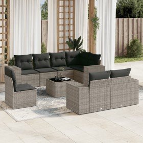 Set de muebles de jardín 9 pzas y cojines ratán sintético gris