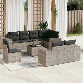 Set muebles jardín 9 pzas y cojines ratán sintético gris claro
