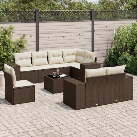 Set de sofás de jardín 9 pzas y cojines ratán sintético marrón