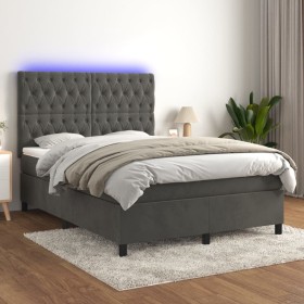 Cama box spring colchón y LED terciopelo gris oscu