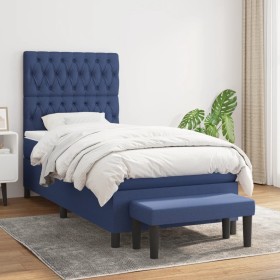 Cama box spring con colchón tela azul 100x200 cm