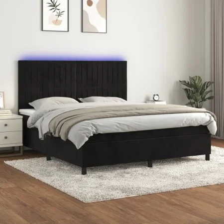 Box spring bed with mattress and LED black velvet 160x200 cm by vidaXL, Beds and slatted bases - Ref: Foro24-3136253, Price: ...
