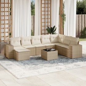 Set de sofás de jardín 9 pzas con cojines ratán sintético beige Set de sofás de jardín 9 pzas con cojines ratán sintético beige