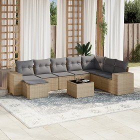 Set de sofás de jardín 9 pzas con cojines ratán sintético beige Set de sofás de jardín 9 pzas con cojines ratán sintético beige