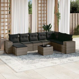 Set de muebles de jardín 9 pzas y cojines ratán sintético gris