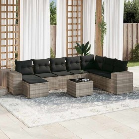Set muebles jardín 9 pzas y cojines ratán sintético gris claro