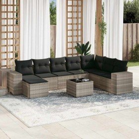 Set muebles jardín 9 pzas y cojines ratán sintético gris claro Set muebles jardín 9 pzas y cojines ratán sintético gris claro