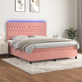 Cama box spring colchón y LED terciopelo rosa 180x200 cm