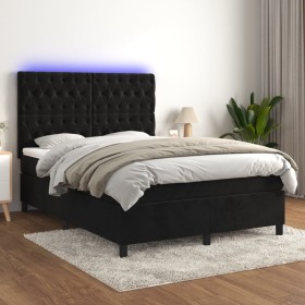 Cama box spring colchón y LED terciopelo negro 140x200 cm