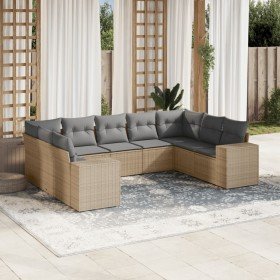 Set de sofás de jardín 9 pzas con cojines ratán sintético beige