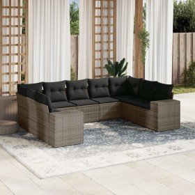 Set de muebles de jardín 9 pzas y cojines ratán sintético gris