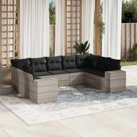 Set muebles jardín 9 pzas y cojines ratán sintético gris claro en Conjuntos de jardín | Comprar online en Foro24