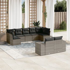 Set de muebles de jardín 9 pzas y cojines ratán sintético gris en Conjuntos de jardín | Comprar online en Foro24
