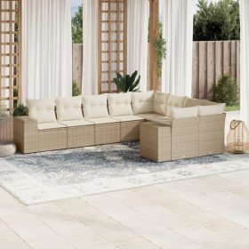 Set de sofás de jardín 9 pzas con cojines ratán sintético beige Set de sofás de jardín 9 pzas con cojines ratán sintético beige