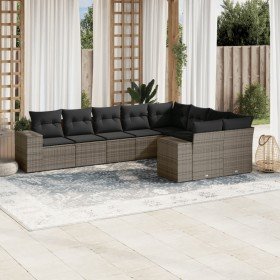 Set de muebles de jardín 9 pzas y cojines ratán sintético gris