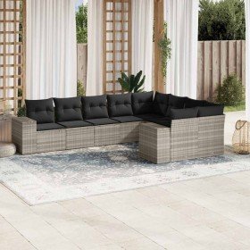 Set muebles jardín 9 pzas y cojines ratán sintético gris claro
