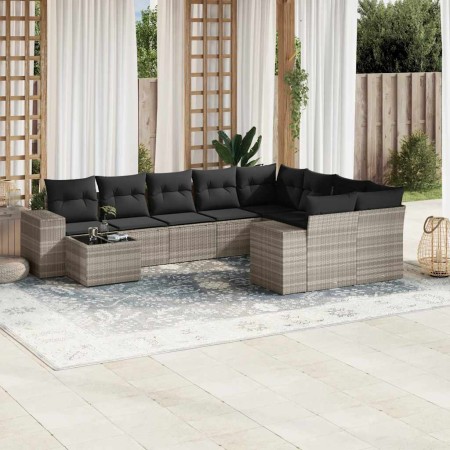 Set sofás jardín 10 pzas con cojines ratán sintético gris claro