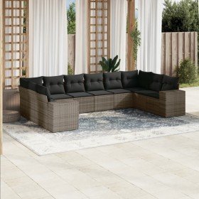 Set de sofás de jardín 10 pzas con cojines ratán sintético gris