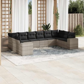 Set sofás jardín 10 pzas con cojines ratán sintético gris claro