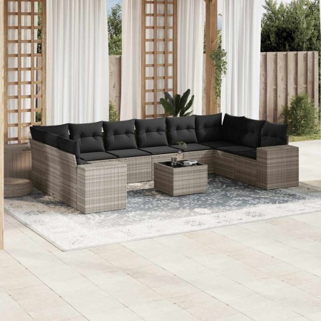 Set de sofás de jardín 11 pzas y cojines ratán sintético gris
