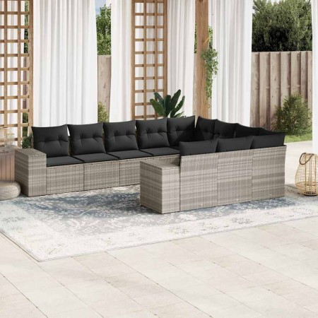 Set sofás jardín 10 pzas con cojines ratán sintético gris claro