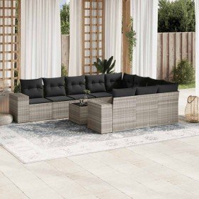 Set de sofás de jardín 11 pzas y cojines ratán sintético gris