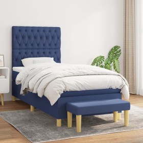 Cama box spring con colchón tela azul 90x200 cm