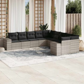 Set sofás jardín 10 pzas con cojines ratán sintético gris claro