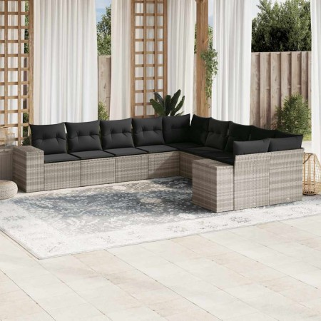 Set sofás jardín 10 pzas con cojines ratán sintético gris claro