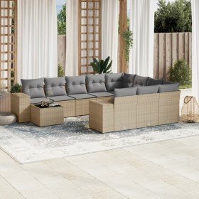 Set de sofás de jardín 11pzas con cojines ratán sintético beige Set de sofás de jardín 11pzas con cojines ratán sintético beige