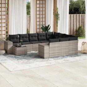 Set de sofás de jardín 11 pzas y cojines ratán sintético gris