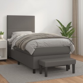 Cama box spring con colchón cuero sintético gris 100x200 cm