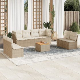 Set de sofás de jardín 9 pzas con cojines ratán sintético beige