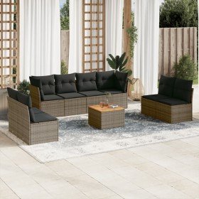 Set de muebles de jardín 9 pzas y cojines ratán sintético gris