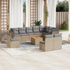 Set de sofás de jardín 11pzas con cojines ratán sintético beige