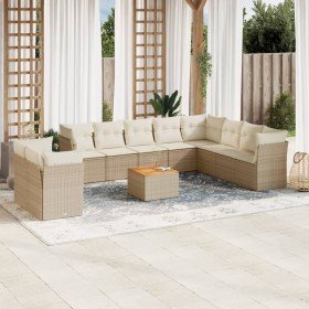 Set de sofás de jardín 11pzas con cojines ratán sintético beige