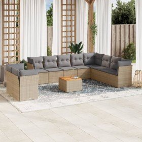 Set de sofás de jardín 11pzas con cojines ratán sintético beige Set de sofás de jardín 11pzas con cojines ratán sintético beige