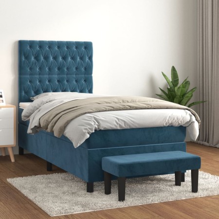 Cama box spring con colchón terciopelo azul oscuro 90x190 cm