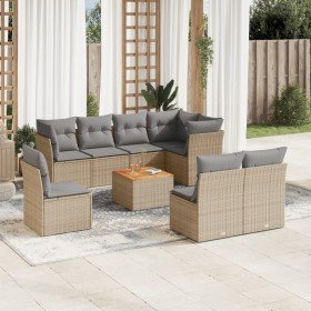 Set de sofás de jardín 9 pzas con cojines ratán sintético beige