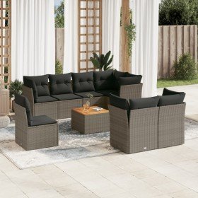 Set de muebles de jardín 9 pzas y cojines ratán sintético gris