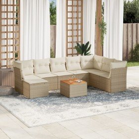 Set de sofás de jardín 9 pzas con cojines ratán sintético beige