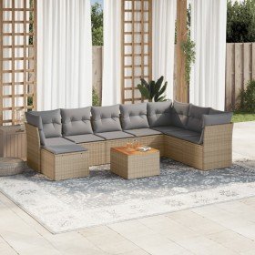 Set de sofás de jardín 9 pzas con cojines ratán sintético beige
