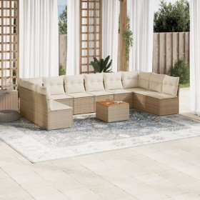 Set de sofás de jardín 11pzas con cojines ratán sintético beige Set de sofás de jardín 11pzas con cojines ratán sintético beige
