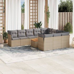 Set de sofás de jardín 11pzas con cojines ratán sintético beige Set de sofás de jardín 11pzas con cojines ratán sintético beige