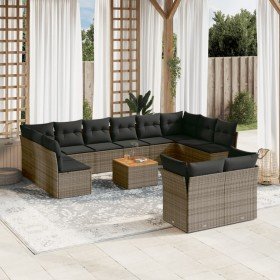 Set sofás de jardín con cojines 13 piezas ratán sintético gris