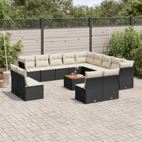 Set sofás de jardín 14 pzas con cojines ratán sintético negro Set sofás de jardín 14 pzas con cojines ratán sintético negro