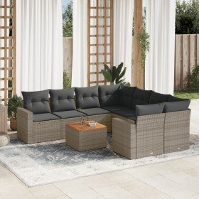 Set de muebles de jardín 9 pzas y cojines ratán sintético gris